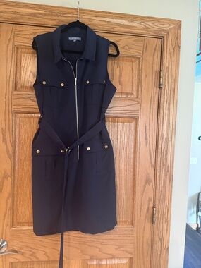 Sharagano Navy Zip-Front Sleeveless Shirt Dress with Belt and Gold Buttons